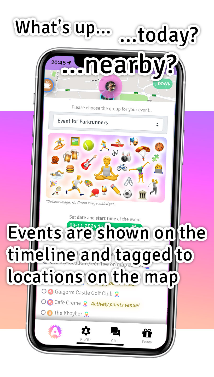 Whats up nearby? Events are shown on the timeline and tagged to locations on the map